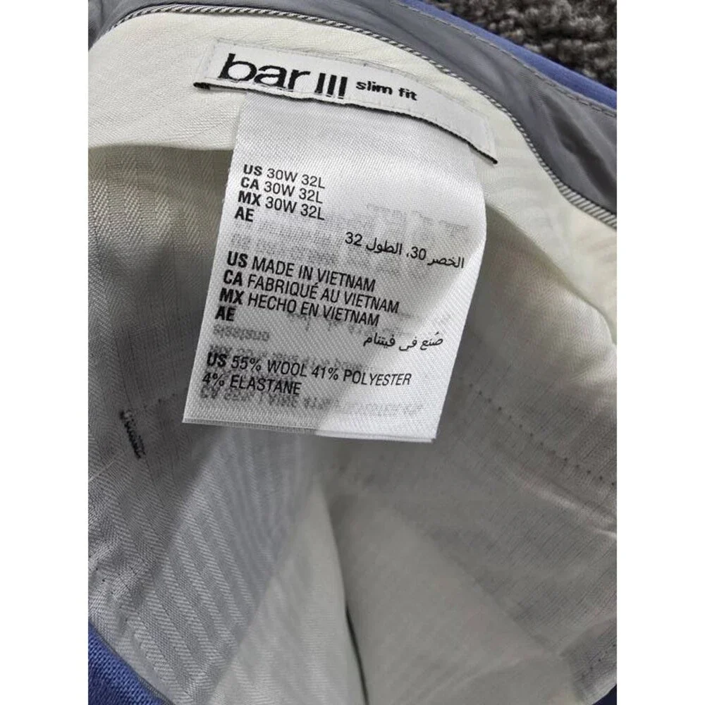 Bar III Slim Fit Dress Pants Men's 30Wx32L Light Blue Wool Blend Zip/Button
